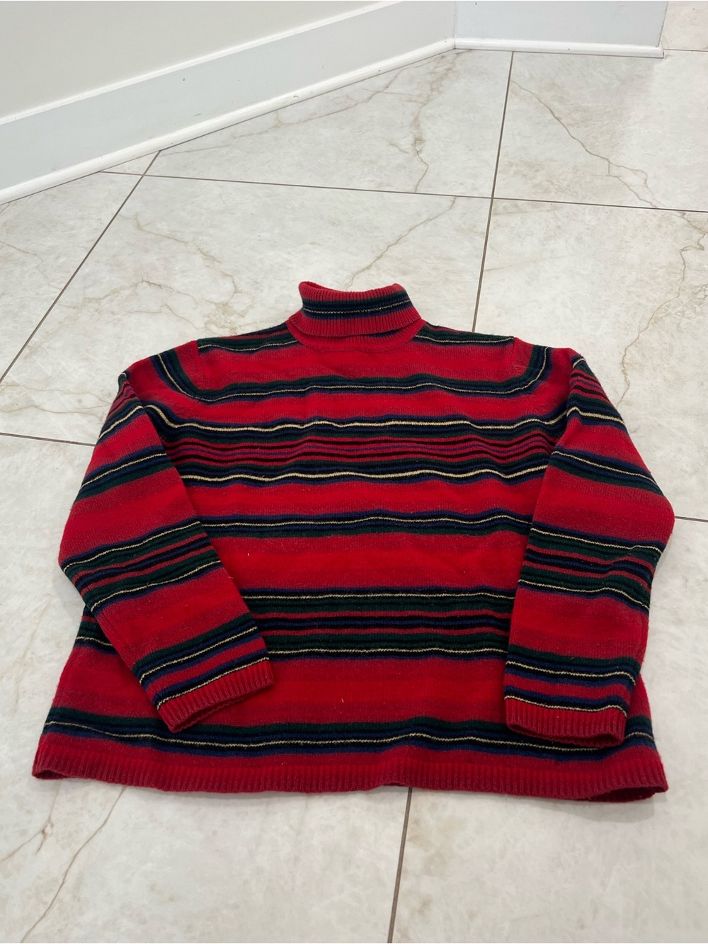 Vintage Ralph Lauren Red Striped Lambswool Turtleneck Sweater Size Large Petite